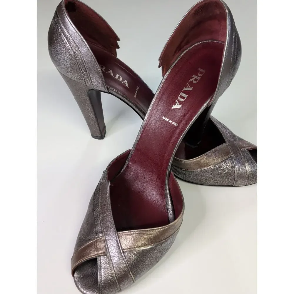 Vintage Y2K Prada Metallic D'Orsay Peep-Toe Pumps, late 1990s or early 2000s